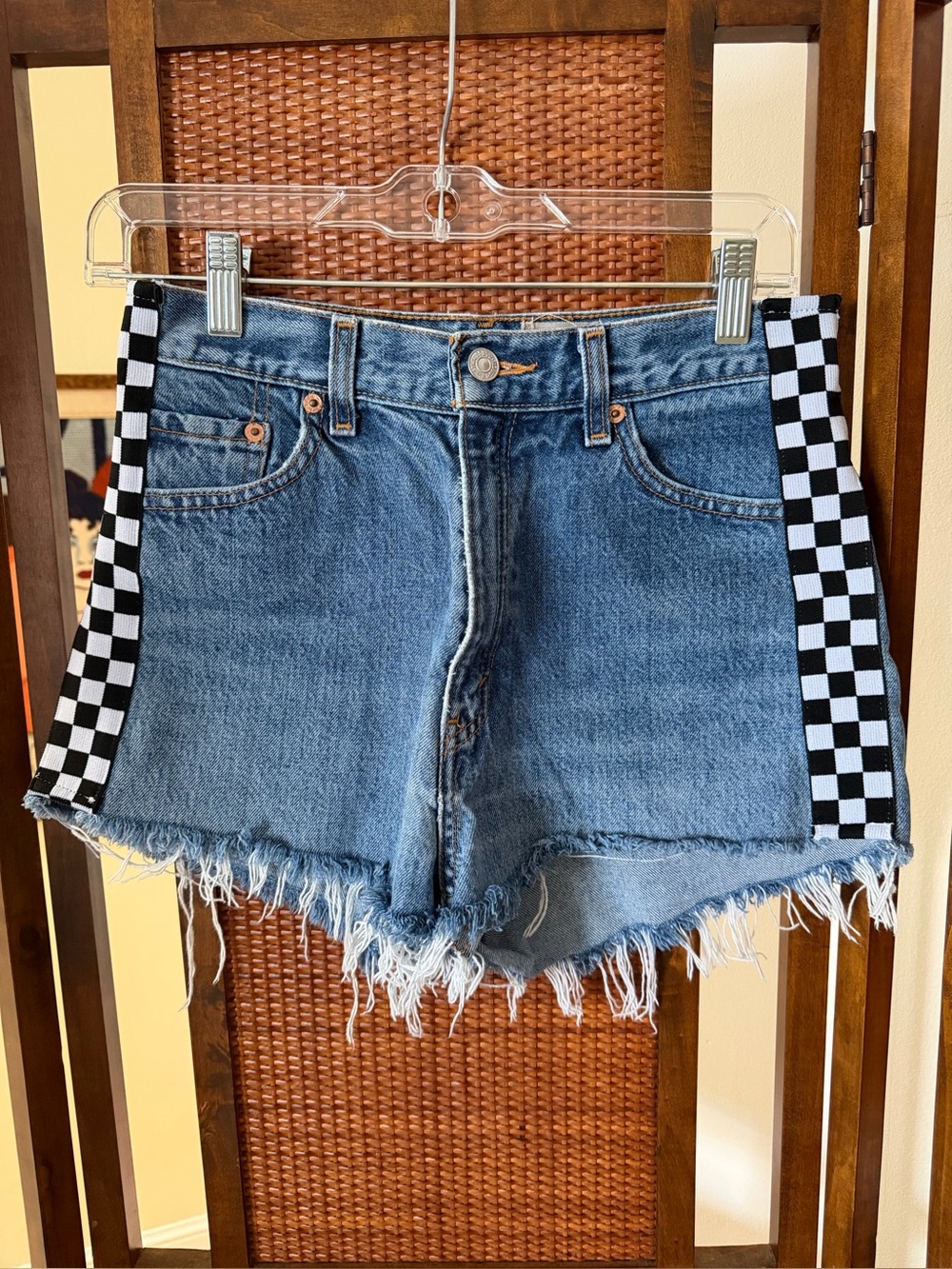 First of all Kind upcycled Levi’s cutoff shorts checkered panels small